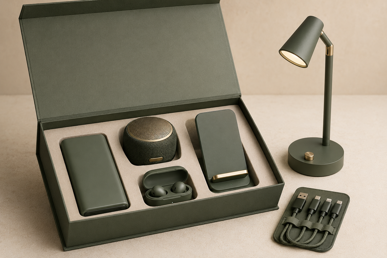 Elegant unbranded power bank, speaker, earbuds, charging stand and desk lamp arranged as a corporate technology gift set