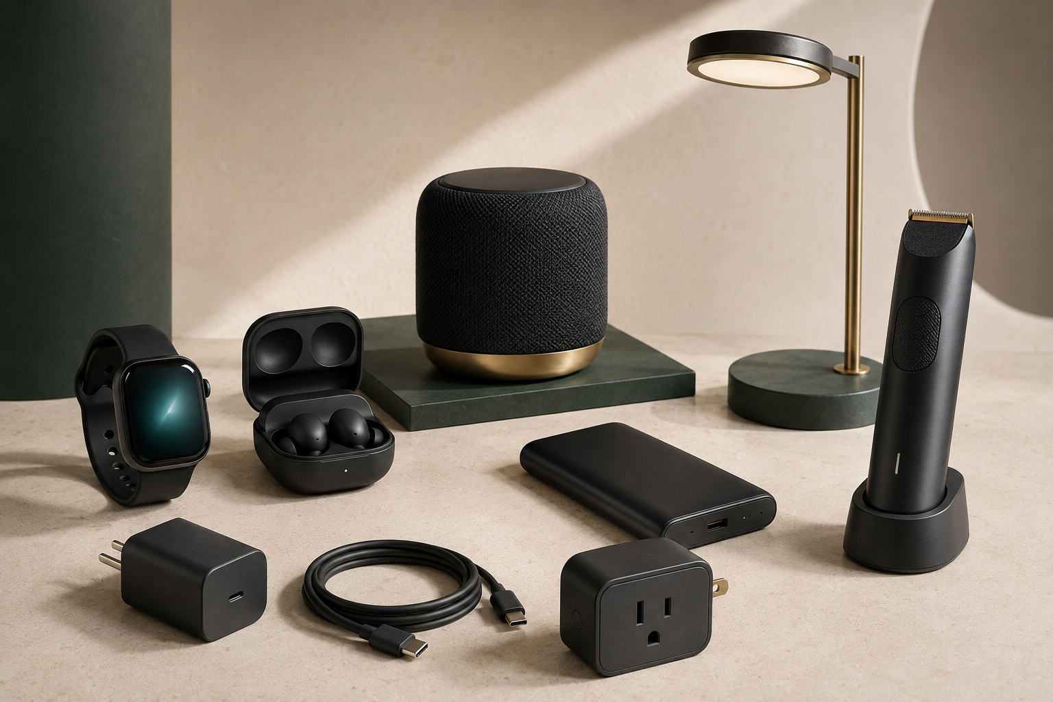 Unbranded smartwatch, earbuds, speaker, power bank, charger, smart plug, LED lamp and grooming gadget arranged for wholesale sourcing