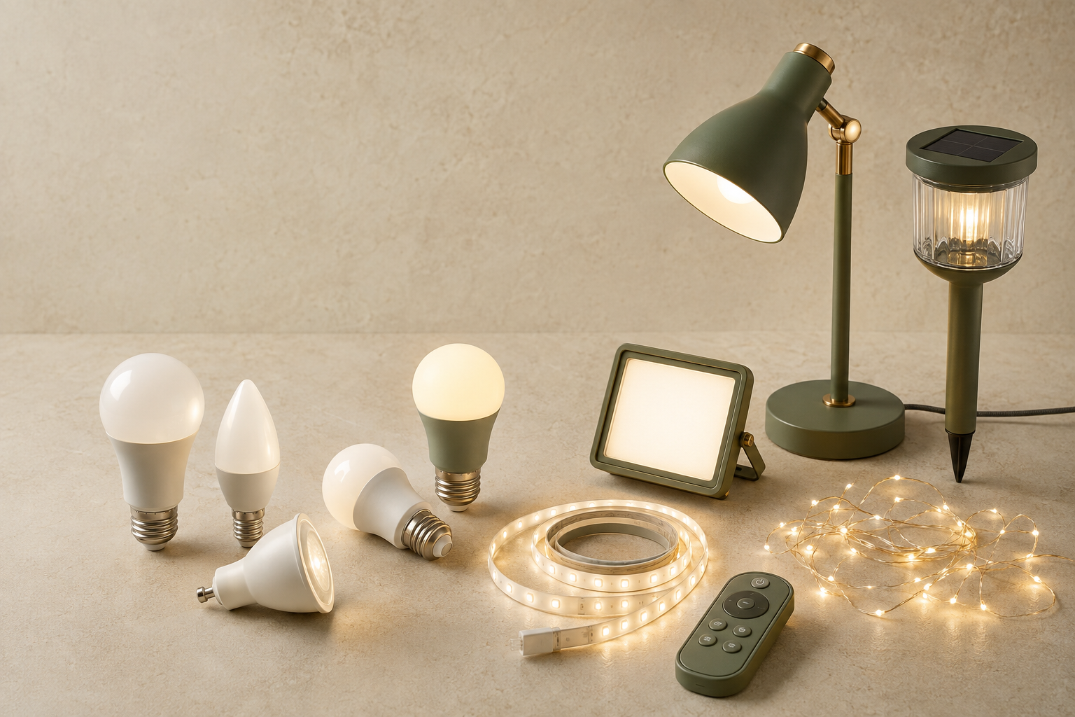 Unbranded LED bulbs, strip light, desk lamp and smart lighting controller presented for international wholesale
