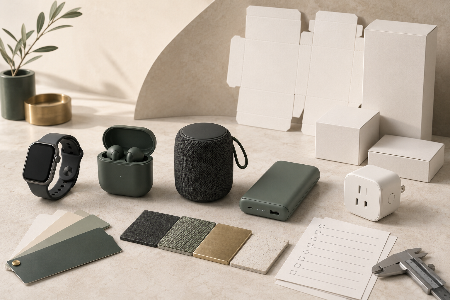 Unbranded consumer electronics with custom packaging components, colour swatches and quality documents for an OEM programme