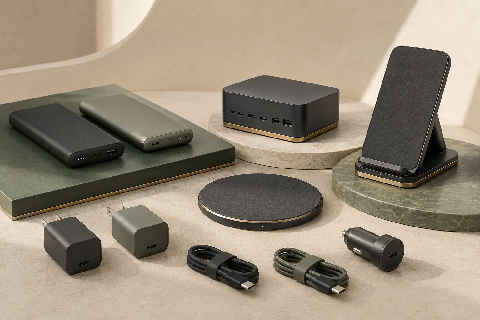 Unbranded power banks, USB-C GaN chargers, cables and wireless charging pads arranged for export wholesale