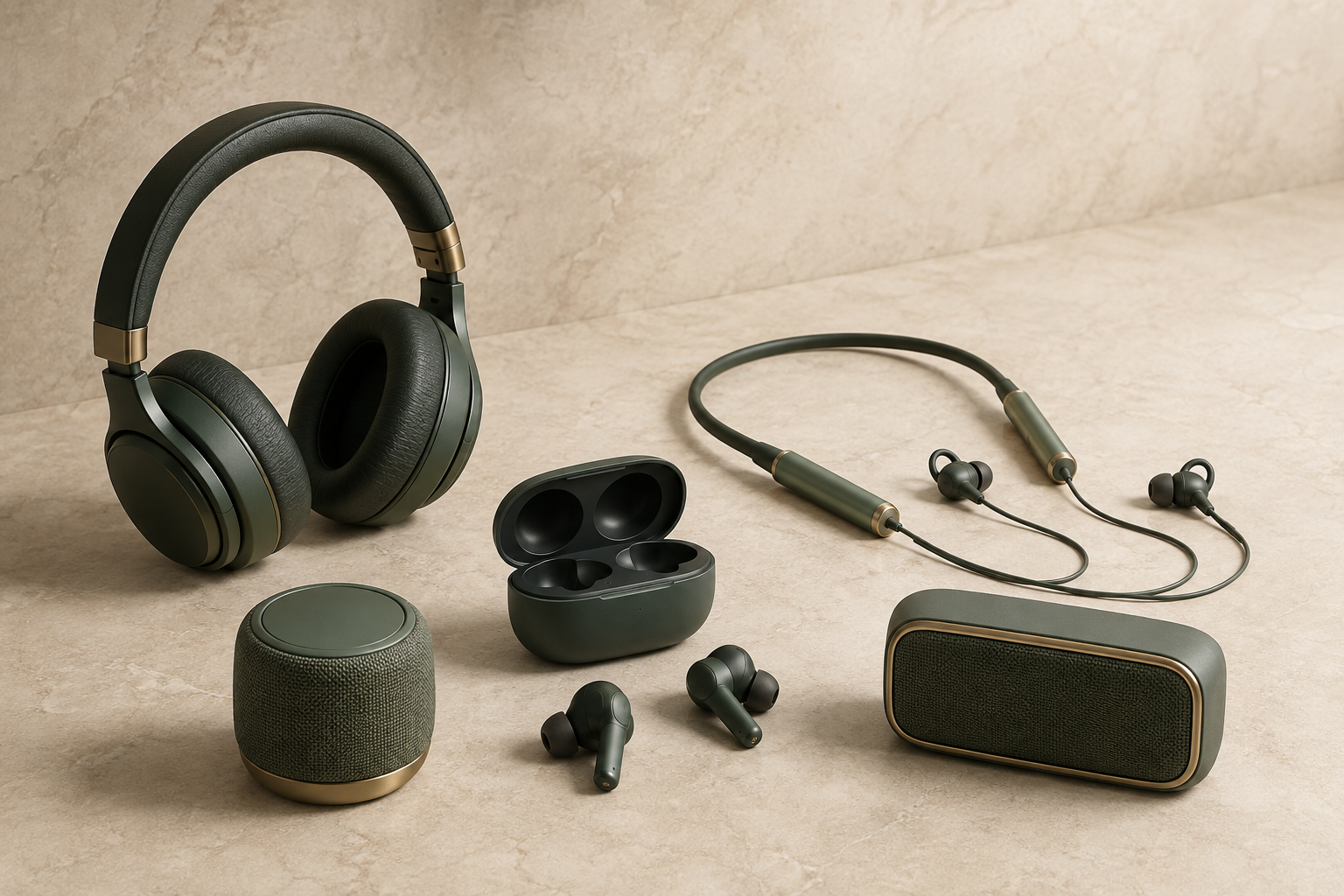 Unbranded TWS earbuds, headphones, neckband and portable Bluetooth speakers in a premium wholesale display